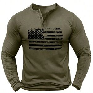 Men's Casual Henry American Flag
Print Long Sleeve POLO T-Shirt
Army Green
